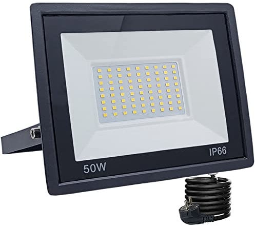 Meision LED Strahler Außen 50W, LED Scheinwerfer mit Stecker, Superhell Aluminium Flutlicht Warmweiß 3000K IP66 Wasserdicht, LED Außenstrahler mit 3m Kabel für hof, Garage, Garten, Flur