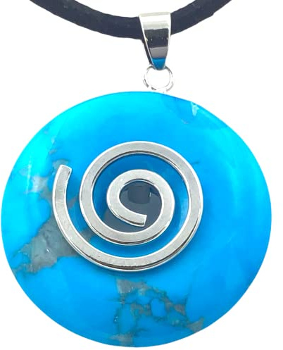 Steinfixx® - Premium Türkenit Donut optional als Kette mit Silber- oder Goldanhänger und 80cm Lederband | Heilstein | Edelstein | Chakra-Stein (Mit Silberspirale)