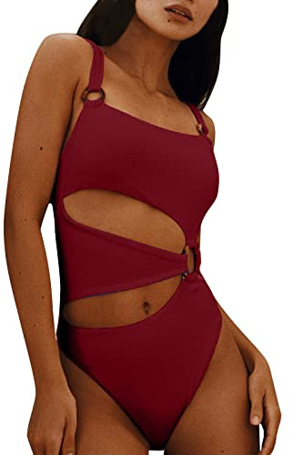 SRZYMJ Sport Badeanzug Für Damen, Damen Mesh Badeanzug V-Ausschnitt One Piece Swimwear Träger Einteilige Bademode mit Kontrast Netzstoff Bikini Damen Mit Bügel Rot