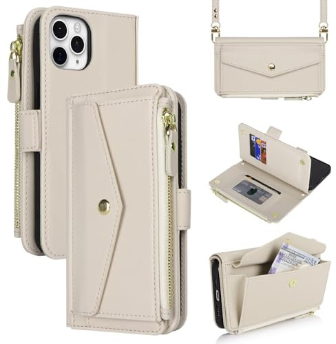 Zouzt for iPhone 11 Pro Max Wallet Case for Women, Purse with Credit Card Holder Slots Crossbody Lanyard Strap Zipper Flip Book Shockproof Protective Phone Cover for Apple 11 Pro Max 6.5 Inch (White)