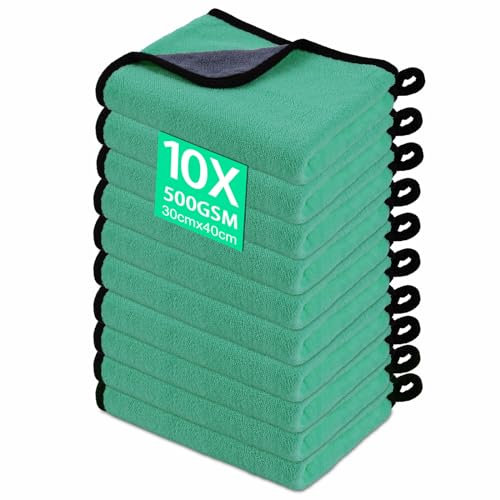 Gucass 10 Stück Mikrofasertücher Auto, 500 GSM Poliertuch Auto Trockentücher Extrem Saugstark, Fusselfreie Microfasertuch Reinigungstuch für Pflege von Auto Motorrad Hause Küche, 30x60cm, Grün
