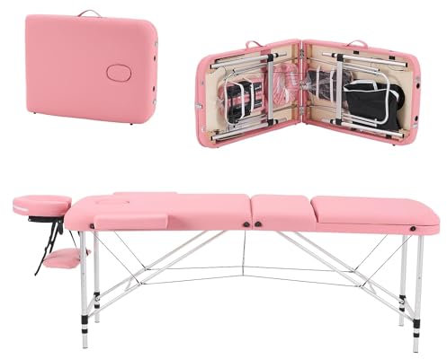 YOUNIKE Table de Massage Pliante Professionnelle 3 Zones Aluminium Cosmetique Lit de Massage Table Esthetique Tatouage Portable avec Spa Salon de beauté Tatouage Maison entièrement Accessoires Rose