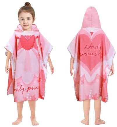 decalsweet Badeponcho mit Kapuze Kind Poncho Handtuch, Weich und Saugfähig Strandtücher Kinderhandtuch, Badetücher Badehandtuch Bademantel für Jungen und Mädchen Strand Schwimmen Dusche (Prinzessin)