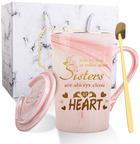 Belillpipi Sister Gifts, Funny Sisters Ceramic Marble Mug with Gift Box, Birthday Gift Christmas Gifts for Women, Sister-Presents Printed with Sisters are Always Close at Heart
