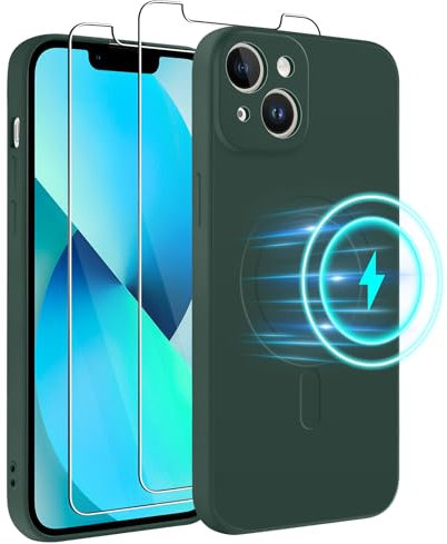 Votvloay Cover Magnetica per Apple iPhone 13 6,1 Custodia e 2 Pellicole in Vetro Temperato,Compatibile con MagSafe,Morbido Silicone Liquido Protettiva Case Cover per iPhone 13,Verde