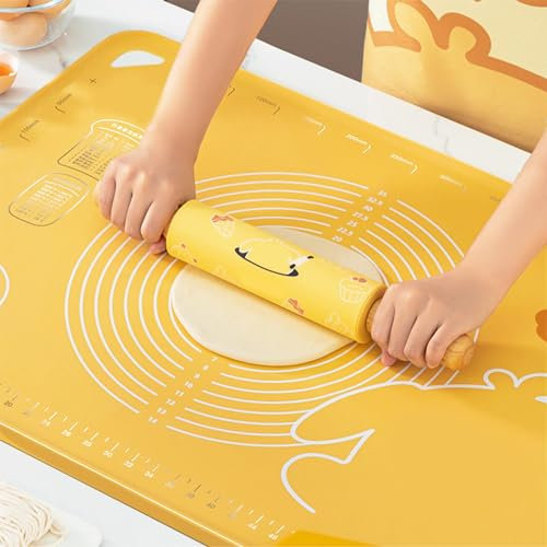 Dough Roller with Long Handle, Silicone Coating, Oak, PVC, and PP for Baking and Cooking, Multifunctional Rolling Pin (Yellow)
