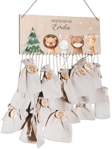 Bärenfreunde® - Personalisierter Adventskalender zum selber befüllen - mit kinderfreundlichem Druck auf Holz - mit Juteschnur Jutesäckchen und Holzzahlen (Babytiere Weihnachtsbaum)