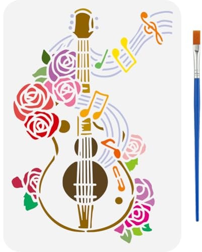 FINGERINSPIRE Pochoir de Peinture de Guitare Florale Vintage Avec 1 Pinceau en Plastique Pochoir de Fleur de Guitare Réutilisable 21X29.7cm Pochoir Décoratif Motif de Guitare pour Meubles Muraux Bois