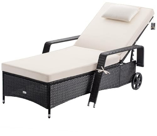 Casaria® Sonnenliege mit Rollen 7cm Auflage Extra Breit 90cm Gartenliege Wetterfest 165kg Belastbar Verstellbar Terrasse Balkonmöbel Liegestuhl Schwarz Creme