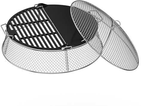 Onlyfire Stainless Steel Shield & Cast Iron Griddle Plate Set for Solo Stove Bonfire 19.5 Firepit, Spark Guard Mesh Screen & Grill Grate and Griddle Pan 2 in 1 for Fire Pit Safety & BBQ Accessory