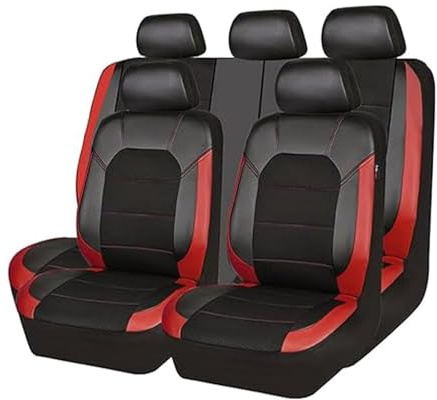 MaKeMoney Auto Sitzbezüge Set FüR Skoda Karoq/2017 2018 2019 2020 2021 2022 2023 2024 2025, Leder Autositzbezüge Sitzschoner Wasserdichter Zubehör,C/Black Red