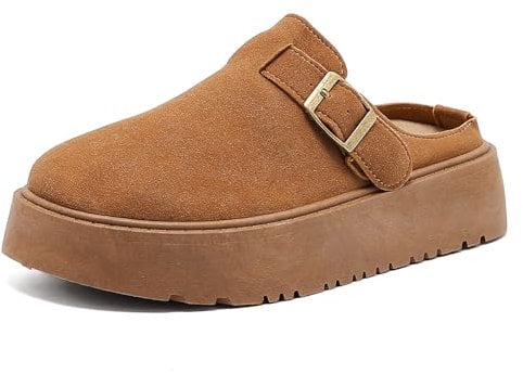 Otoepazm Plateau Clogs Damen mit Verstellbarer Schnalle, Plattform Pantoletten Wildleder Sandalen Halb Geschlossen, Dicke Unterseite Hausschuhe mit Premium Fußbett