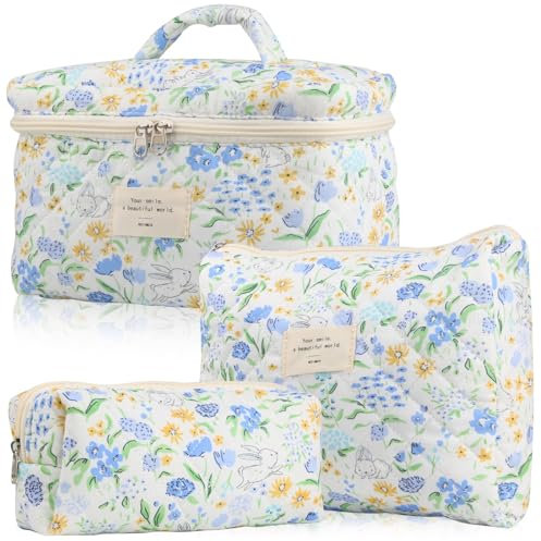 TIAASTAP Blumenmuster Kosmetiktasche Set Damen 3er Set –Kulturtasche, Makeup Bag & Waschtasche aus Stoff | Asthetic Schminktasche Beauty Case Set für Reise & Alltag