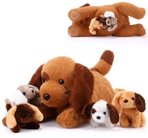 Skylety 5 Stück Welpen Kuscheltiere Mama Hundebauch mit 4 Niedlichen Plüschtier Hunde Spielzeug Kissen Weich und Kuschelig Stofftiere Welpen Sortiment für Geburtstag Weihnachten(Fleck GoldenRetriever)
