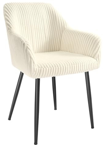 SONGMICS Silla de Comedor, Silla de Cocina, Sillón de Terciopelo Acanalado, Silla Tapizada con Reposabrazos, Carga Máx. de 120 kg, Patas de Metal, para Comedor,Blanco Crema y Negro Mate LDC087WD01