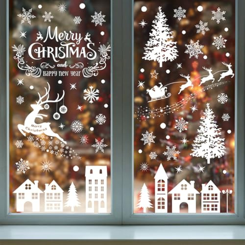 Fensterbilder Weihnachten 12 Blatt, Winter Fensterbild Selbstklebend, Fenstersticker Rentier Fensteraufkleber Haus Weihnachtsbaum, Schneeflocke Aufkleber für Weihnachts Winter Fenster Tür Deko