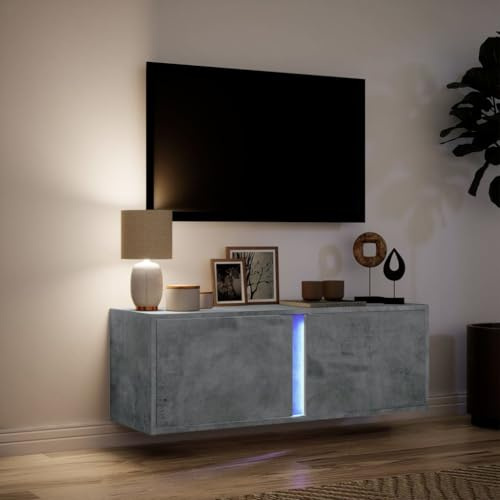 Homvdxl LED Floating TV Unit, 100cm Wall Mounted TV Unit with 2 Doors, Media Wall Cabinet Units for Living Room, Bedroom, Kitchen, Rustic Grey