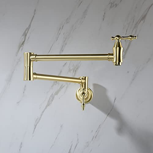 Wall Mount Pot Filler Faucet with -Swivel Arm and Double Handles Brass Construction Gold Finish
