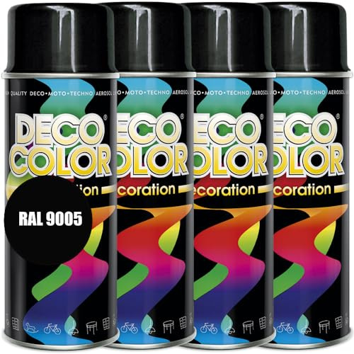 DECO COLOR 4er Sparpack Lackspray 400ml glänzend nach RAL - Farbauswahl (4 Dosen in schwarz glanz RAL 9005)