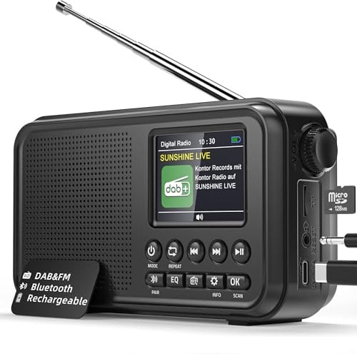 Mesqool Radio Digitale DAB&FM con Bluetooth, Batteria Ricaricabile da 3000mAh, Compatibile con Schede TF da 64GB, Ricarica Type-C, Presa per Cuffie, 40 Stazioni FM Preimpostate & 40 Stazioni DAB, EQ
