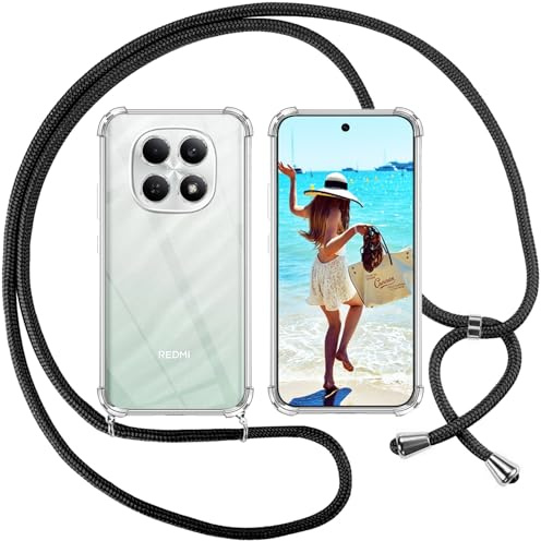 ISOI Funda con Cuerda para Xiaomi Redmi Note 15 4G, Carcasa Transparente TPU Suave Silicona Case con Correa Colgante Ajustable Collar Correa de Cuello Cadena Cordón, Negro
