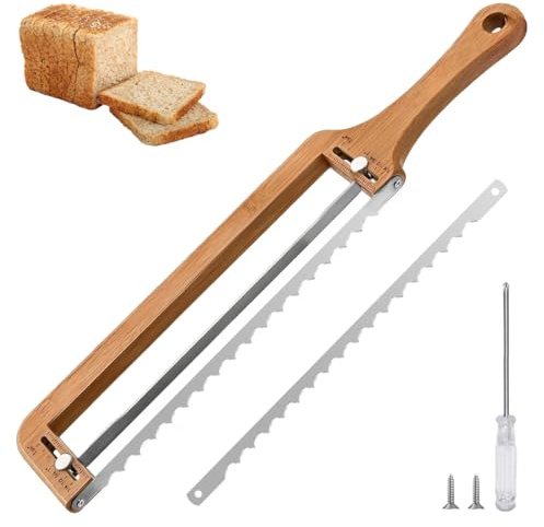 HiNADA Bread Slicer for Homemade Bread, Wooden Sourdough Bread Knife with Thickness Guide, Adjustable Bow Bread Cutter for Kitche Sandwich Bagels and Baguettes