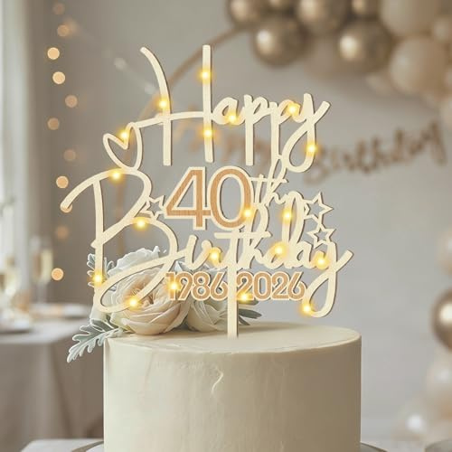 Tortendeko 40 Geburtstag für Frauen und Männer - Holz Cake Topper mit LED-Lichterkette - Kuchen Dekoration 1986 bis 2026 - Geburtstagsdeko zum 40. Jubiläum