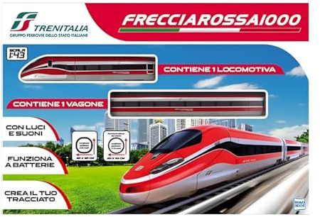 Pista Trenitalia Frecciarossa 1000 Scala 1:43 - Treno Giocattolo 1 locomotiva 1 vagone e 6 tracciati in 1 - Funzionamento a Batteria - idea regalo