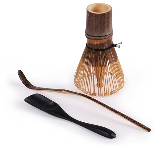 BambooMN Matcha Whisk Set - Black Chasen (Tea Whisk), Chashaku (Hooked Bamboo Scoop), Deep Scoop - 2 Sets