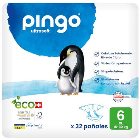 Pingo Pañales Ecológicos Talla 6 XL (15-30 kg), 1 bolsa de 32 pañales