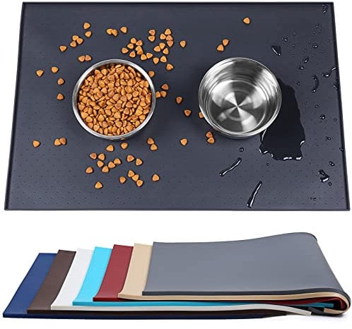 VIVAGLORY Dog Food Mat, Cat Dog Feeding Mat, Waterproof Non-Slip Food Grade Silicone Mat Placemat with Raised Edge, Anti-Messy Pet Bowl Mat for Food and Water, Black, L(60x40cm)