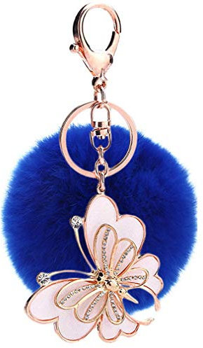 JK Home Portachiavi con pompon e peluche per portachiavi dell'auto o decorazione della borsa, Farfalla e blu reale, 8 x 12 cm, Portachiavi