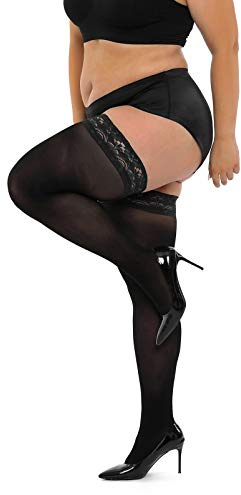 HONENNA Semi Sheer Stay Up Lingerie Plus Size Thigh High Stockings Lace Top Pantyhose for Women