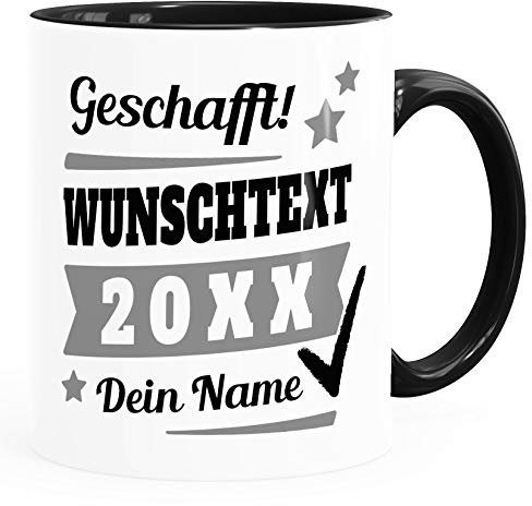 SpecialMe® Tasse mit Name personalisiert Geschafft! eigener Text Geschenk Abschluss-Prüfung Inner-Schwarz Keramik-Tasse