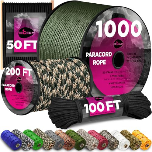 TECEUM Paracorde Type IV 340,2 kg Noir - 100 m - 4 mm - 100 % nylon - Corde de parachute MIL-SPEC - Corde de survie d'urgence - 11 brins - EDC Camping Randonnée Militaire Gear 016a