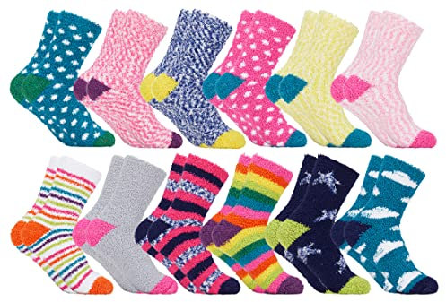 Yacht & Smith 12 Paar warme und gemütliche flauschige Damensocken, bunte Wintersocken, 12 Paar Motiv-Designs, Einheitsgröße