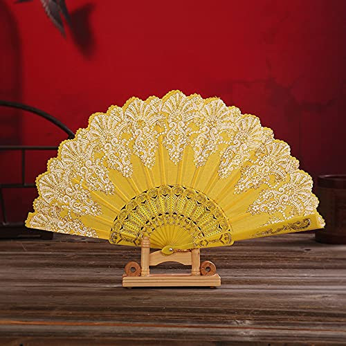 Handfächer Stofffächer,Vintage Faltfächer Chinesischer Stoff Fächer Faltfächer für Abkühlung im Sommer Hochzeit Geschenk Muttertag Party Kostüm Halloween Karneval Fasching Tanzen Hand Fan,Gelb