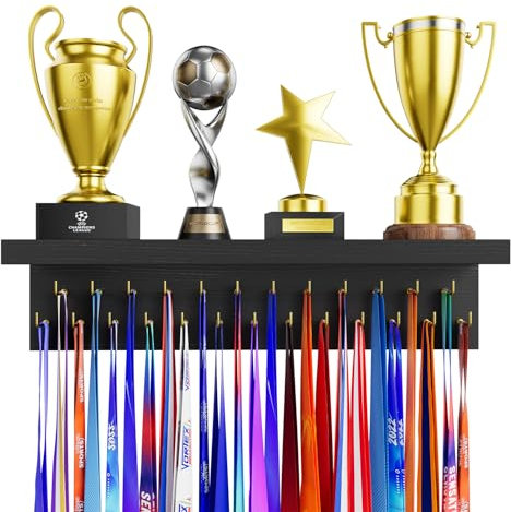 DSVENROLY Medaillenhalter Display Trophy Shelf Organizer, Stabiler Medaillenhalter Ausstellungsständer aus Holz mit 25 Stahlhaken, Medaillenhalter zur Wandmontage (1 Stück, Retro-Grau) …