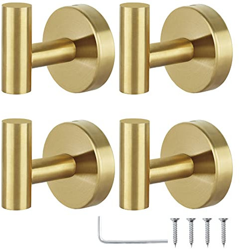 Towel Hooks Bathroom Coat Hook Robe Hook Stainless Steel Heavy Duty Door Hanger Towel Robe Clothes Cabinet Closet Sponges Wall Hook for Bathroom Bedroom Kitchen Hotel Pool 4 Packs (Gold)