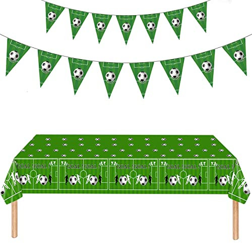 220*130cm Football Party Disposable Tablecloths With 2.5Meters Triangle Flags Banner GOAL World Cup Soccer Party Bunting Plastic Tablecloth,World Cup UK Football Tablecover for Boys Football Game