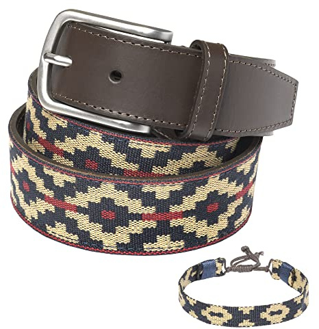 PELPE FABRIC-2 - Ledergürtel, mit passendem Leder- und Fadenarmband. Bestickter Gürtel auf Leder, für Männer und Frauen. Gürtel