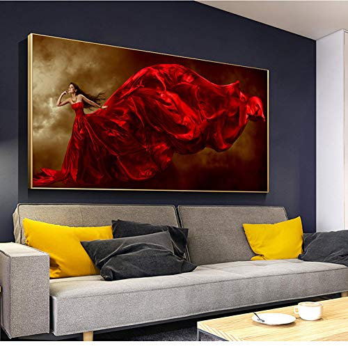 OUSHION ART Tanzende Frau im roten Kleid, Leinwand, Gemälde, Bürodekoration, moderne Wandkunst, Bauernhausdekoration, ästhetisches Poster und Drucke, Heimdekoration, 60 x 120 cm, Innenrahmen