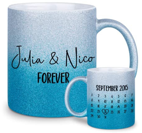 glitzertassen.de® | Partnertasse mit Name und Datum | Tasse mit Glitzer | Geschenkidee | Personalisiert | Valentinstag | Silberblau