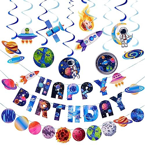 SUNBEAUTY Geburtstag Weltraum Dekoration Weltraum Deko Set Enthält Planet Spirale Happy Birthday Banner Sonnensystem Planet Flagge String für Kindergeburtstag Junge