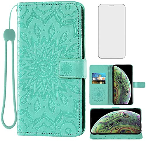 Asuwish Phone Case for iPhone Xs Max Wallet with Tempered Glass Screen Protector Leather Flip Cover Card Holder Stand Cell Accessories i X XR Xsmax 10x SX Xmax 10xs 10s 10 Plus Xmaxs Women Men Green