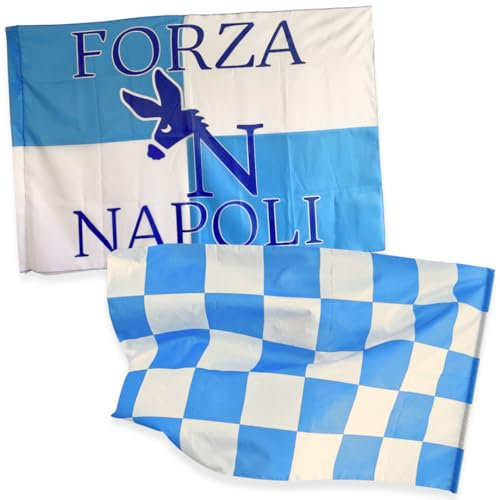 NARAMAKI® Napoli Bandiere 90x150cm - 1 Bandiera Forza Napoli + 1 Bandiera a Scacchi Bianchi e Azzurri - 100% Poliestere - Made in Italy - Campionato di Calcio 2025