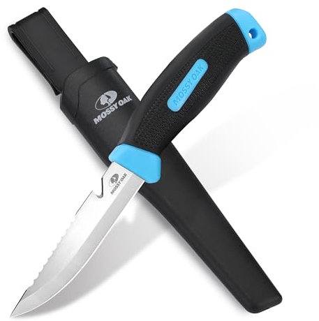 Mossy Oak Couteau à Lame Fixe de 220 mm avec Dents Dentelées et Etui, Cadeau d'Outil Parfait pour Chasse, Camping, Randonnée