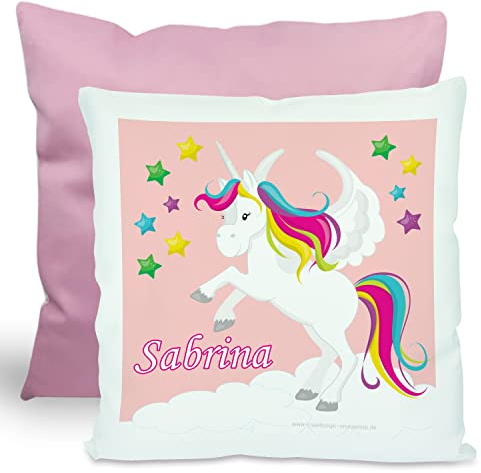 CreaDesign, Kinder Kissen 40x40 cm personalisiert mit Namen, Kinderzimmer Deko Kissen Kinder mit Füllung Federn, Motiv Einhorn rosa, Rückenfarbe Rosa