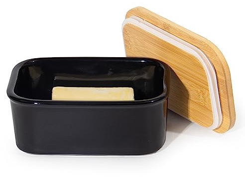 Theo&Cleo Beurrier en céramique avec couvercle en bois - 250 g - Boîte à beurre vintage - Noir