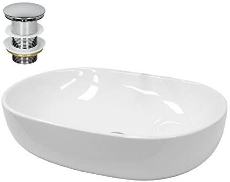 ECD Germany Lavabo Salle de Bain - 600 x 420 mm - en Céramique - Ovale - Blanc - Lave-Mains Évier - Lavabo Vasque à Poser sur Meuble - Design Moderne - avec Kit de Vidange sans Trop-Plein